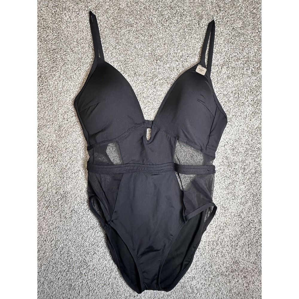 Kenneth Cole Black Mesh Cutout One Piece Swimsuit Tummy Toner XL NWT